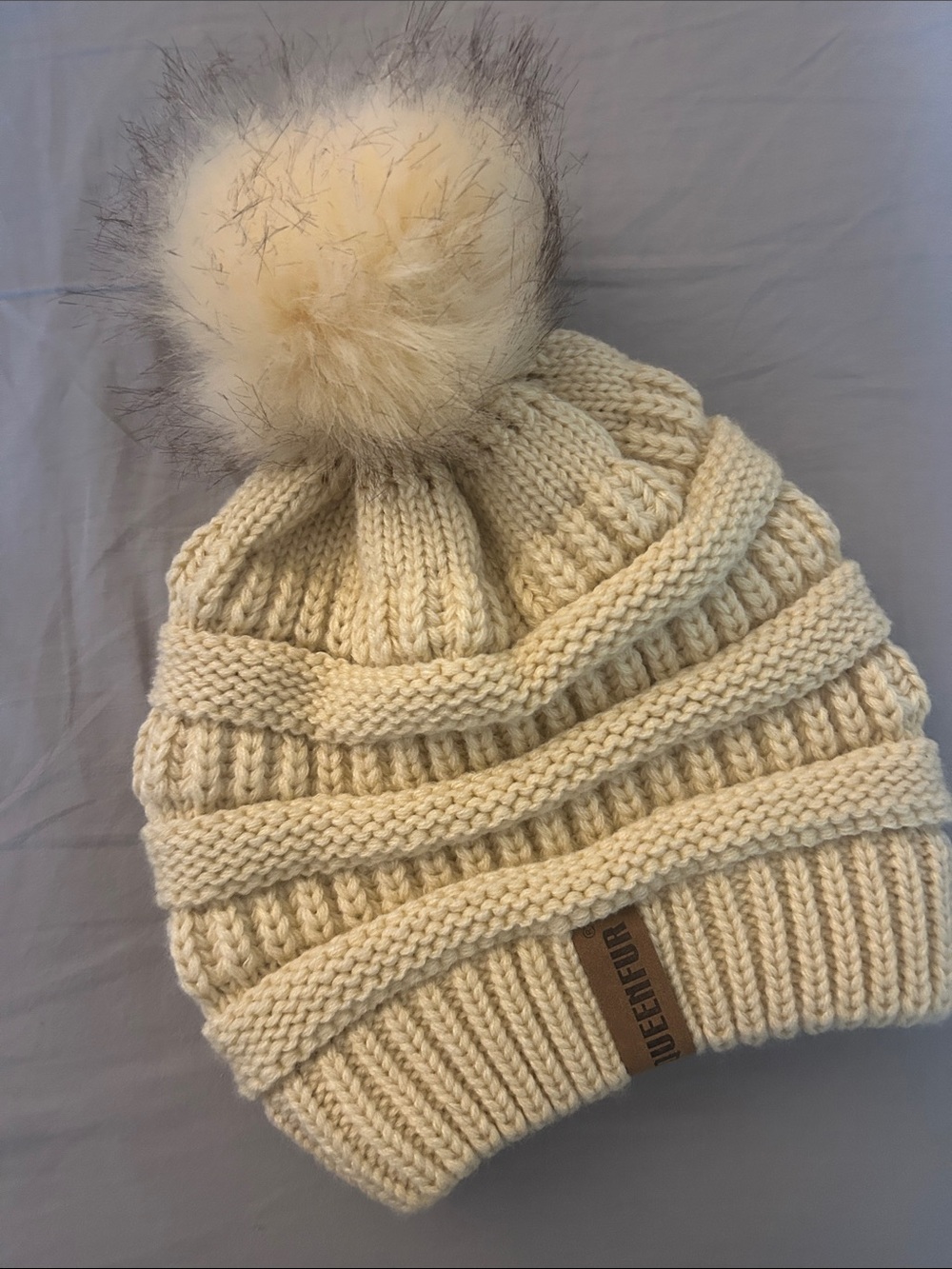 QUEENFUR Cream Knit Pom Beanie for women